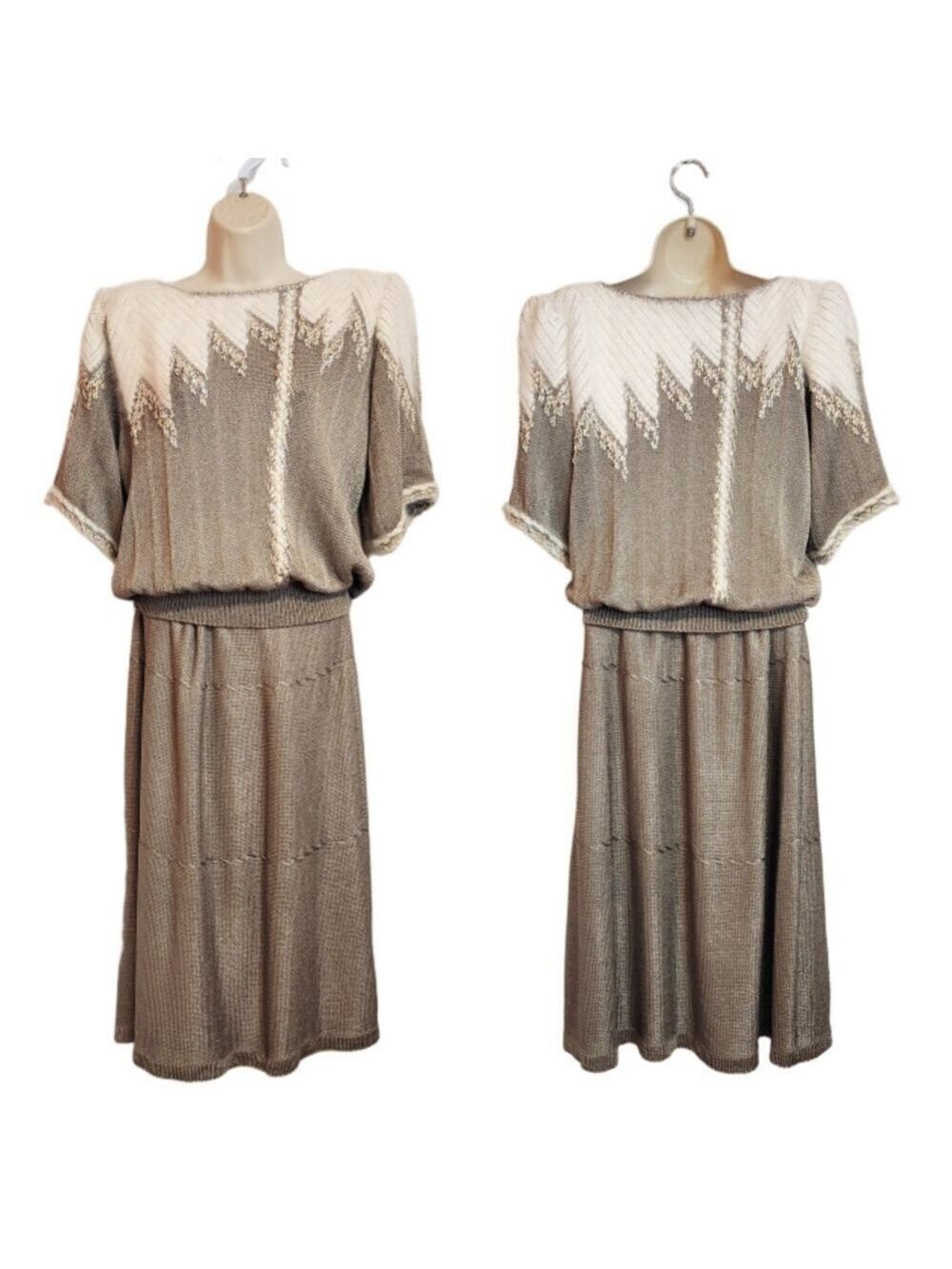 Paca Vintage Textured Knit Sweater Skirt Set Taupe White Medium